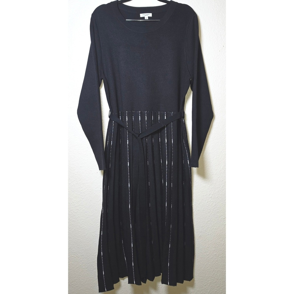 Max Studio London Women Black White Pleated Knit Sweater Midi Dress XL 3906754
